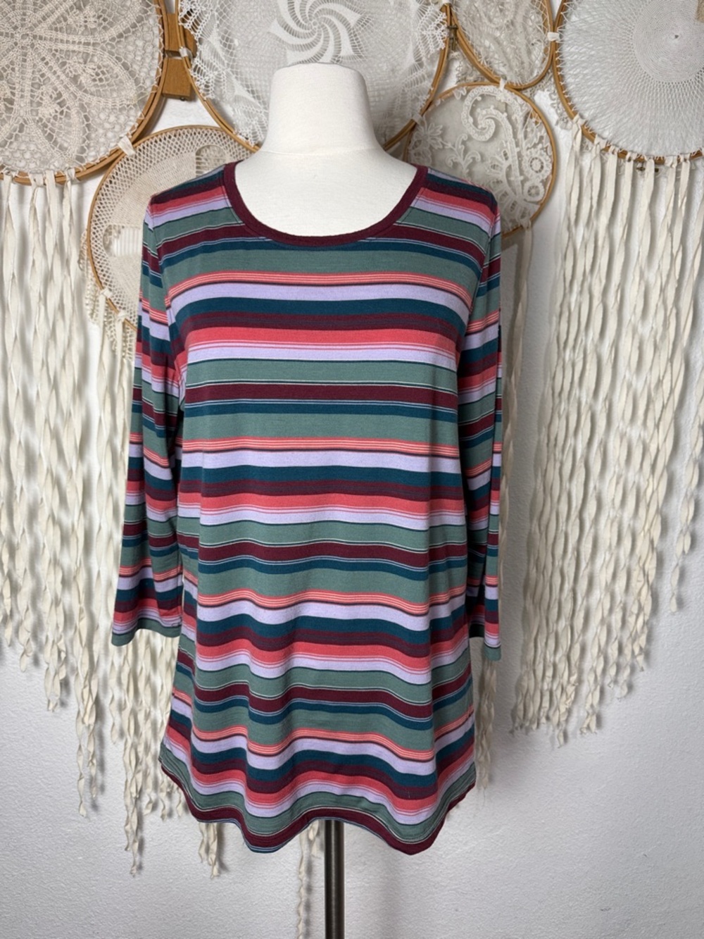 WoolX Jenny Stripe Quarter Sleeve Crewneck Loose Fit Merino Wool Top L